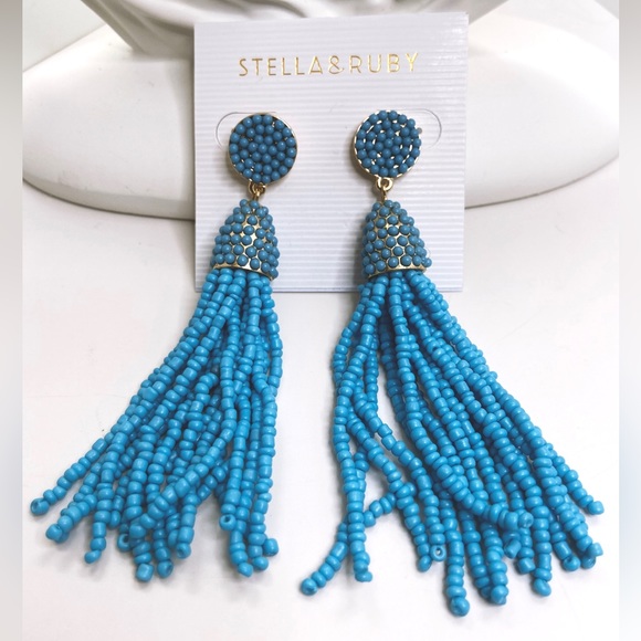 14kt Gold plated Stella And Ruby turquoise Tassel Earrings With Ribbon Tied Box - Picture 1 of 3